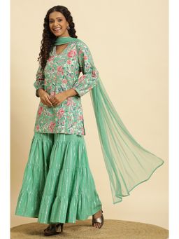 W - Green Floral Kurta, Sharara & Dupatta (Set of 3)