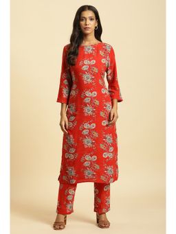 W - Red Floral Kurta & Straight Pant (Set of 2)