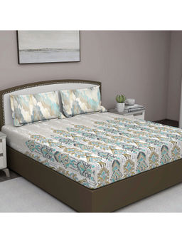 GM - Blue Ornamental 180 Tc Cotton Queen Bedsheet With 2 Pillow Covers