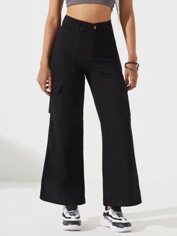 DOLCE CRUDO - Women Black Wide-Leg High-Rise Stretchable Denim Cargo Jeans