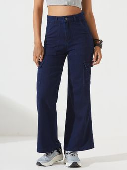 DOLCE CRUDO - Women's Navy Blue Wide-Leg High-Rise Stretchable Denim Cargo Jeans