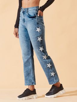 DOLCE CRUDO - Women Light Blue Slim Fit High Rise Star Embroidered Stretchable Jeans