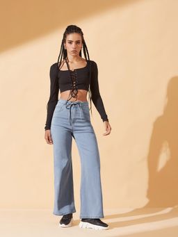 DOLCE CRUDO - Women Light Blue Stretchable Tie-Up Waist Jeans