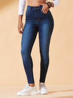 DOLCE CRUDO - Women Navy Blue Whiskering and Cat Scratch Detailed Skinny Jeans