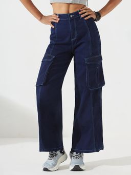 DOLCE CRUDO - Women Navy Blue Wide leg Stretchable Denim Jeans