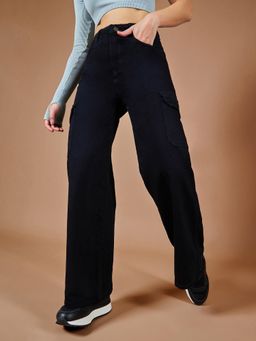 DOLCE CRUDO - Women Black Wide Leg Cargo Pocketed Stretchable Jeans