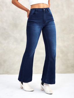 DOLCE CRUDO - Women Navy Blue Stretchable Flared Denim Jeans