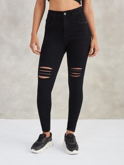 DOLCE CRUDO - Women Black Slim Fit Mild Distressed Denim Jeans