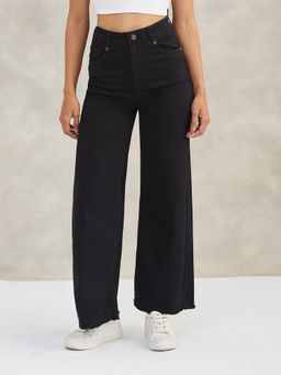 DOLCE CRUDO - Women Black Regular-Length Stretchable Wide Leg Denim Jeans