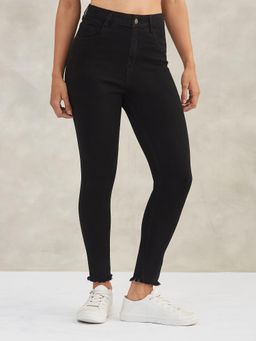 DOLCE CRUDO - Women Black Skinny Fringed Detailing Cropped Stretchable Denim Jeans