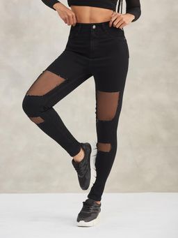 DOLCE CRUDO - Women Black Slim Fit Ripped Net-Detail Denim Jeans