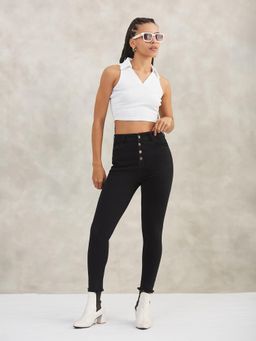 DOLCE CRUDO - Women Black Skinny Cropped Fringed Hemline Stretchable Denim Jeans