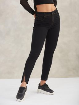 DOLCE CRUDO - Women Black Skinny Side Slit Ankle Length Stretchable Denim Jeans