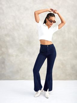 DOLCE CRUDO - Women Navy Blue Bootcut Stretchable Jeans