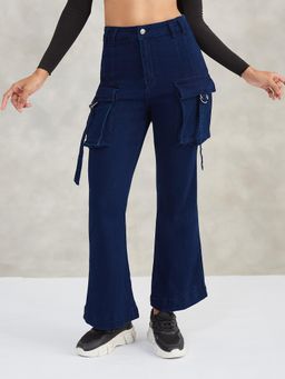 DOLCE CRUDO - Women Navy Blue Bootcut Regular Stretchable Denim Jeans