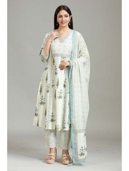 Cotton Culture - Cream Cotton Printed A Line Kurta With Pant & Dupatta (Set of 3)