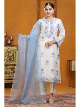 Cotton Culture - Off White Straight Embroidered Kurta With Pant Dupatta (Set of 3)