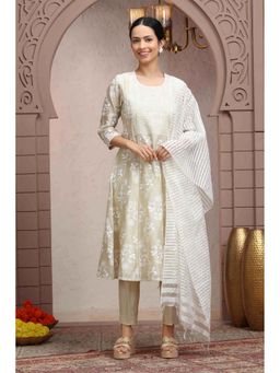 Cotton Culture - Off White A Line Embroidered Kurta With Pant & Dupatta (Set of 3)