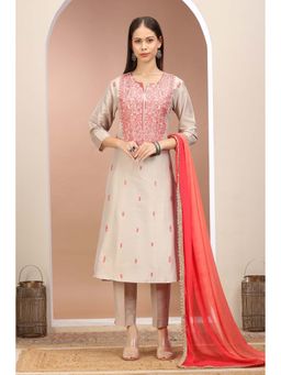 Cotton Culture - Light Gray Polysilk Embroidered Straight Kurta With Pant Dupatta (Set of 3)