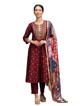 Cotton Culture - Maroon Polysilk Embroidered A Line Kurta With Pant Dupatta (Set of 3)