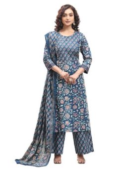 Cotton Culture - Blue Jaipuri Cotton Straight Printed Kurta With Pant Dupatta (Set of 3)