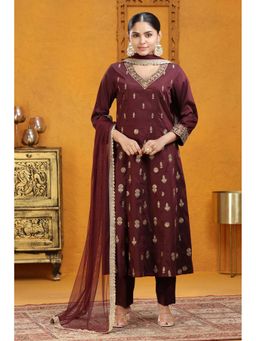 Cotton Culture - Wine Poly Silk A Line Embroidered Kurta With Pant Dupatta (Set of 3)