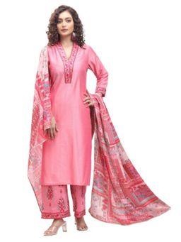 Cotton Culture - Pink Polysilk Straight Embroidered Kurta With Pant Dupatta (Set of 3)