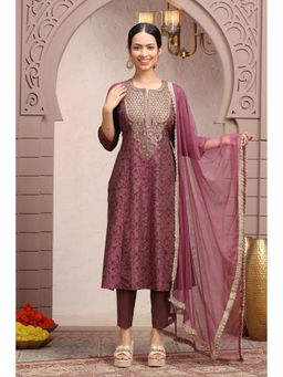 Cotton Culture - Wine Polysilk Embroidered A Line Kurta With Pant Dupatta (Set of 3)