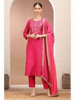 Cotton Culture - Rani Pink Poly Silk Embroidered A Line Kurta With Pant Dupatta (Set of 3)