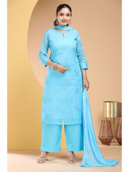Cotton Culture - Sky Blue Straight Embroidered Kurta With Pant Dupatta (Set of 3)