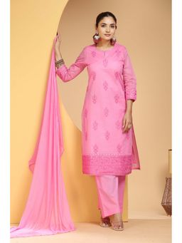Cotton Culture - Pink Straight Embroidered Kurta With Pant Dupatta (Set of 3)