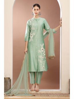 Cotton Culture - Pista Green Poly Silk Embroidered A Line Kurta With Pant Dupatta (Set of 3)