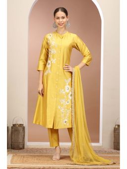 Cotton Culture - Yellow Poly Silk Embroidered A Line Kurta With Pant Dupatta (Set of 3)