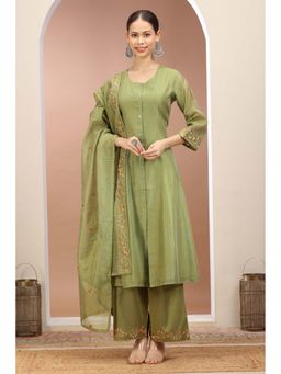 Cotton Culture - Pista Green A Line Embroidered Kurta With Pant Dupatta (Set of 3)