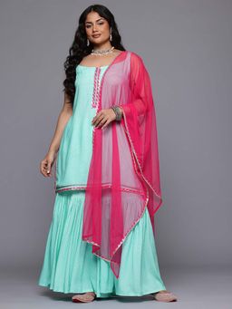 A plus by Ahalyaa - Womens Printed Rayon Kurta With Sharara & Choker Dupatta (Set of 3)