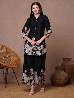 FASHOR - Ethnic Floral Printed Straight Fit Co-Ord - Black (Set of 2)
