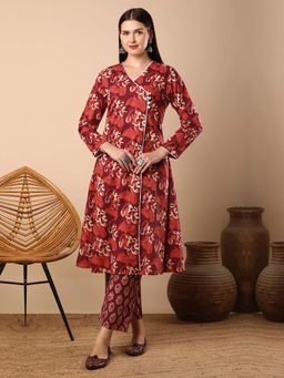 FASHOR - Ethnic Floral Printed A-Line Kurta With Pant - Maroon (Set of 2)