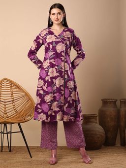 FASHOR - Floral Printed A-Line Kurta With Pant - Purple (Set of 2)