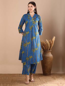 FASHOR - Abstract Coconut Tree Printed A-Line Paneled Co-Ord - Blue (Set of 2)