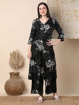 FASHOR - Floral Printed Straight Fit Co-Ord Set - Black (Set of 2)