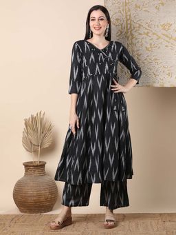 FASHOR - Ethnic Ikat Printed & Embroidered A-Line Kurta With Pant - Black (Set of 2)