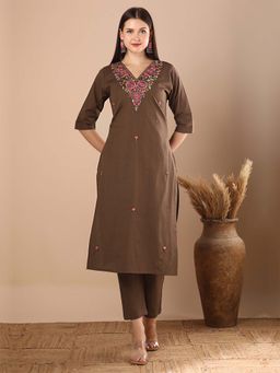 FASHOR - Solid Floral Embroidered Straight Fit Kurta With Pant - Brown (Set of 2)