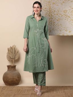 FASHOR - Cord Work Embroidered A-Line Kurta With Pant - Green (Set of 2)