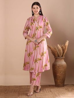 FASHOR - Abstract Coconut Tree Printed A-Line Paneled Co-Ord - Pink (Set of 2)