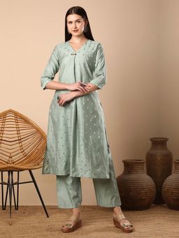 FASHOR - Solid Ethnic Woven A-Line Kurta With Pant - Mint Green (Set of 2)