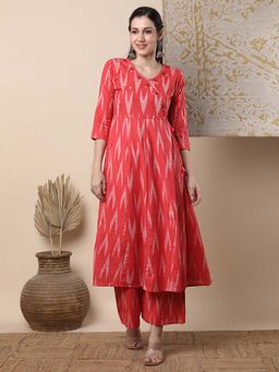 FASHOR - Ethnic Ikat Printed & Embroidered A-Line Kurta With Pant - Red (Set of 2)