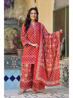 Autumnlane - Pavitra Crimson Cotton Printed Kurta With Palazzo & Dupatta (Set of 3)