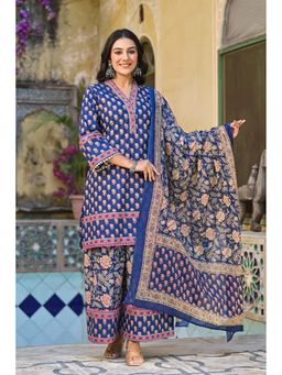 Autumnlane - Pavitra Indigo Cotton Printed Kurta With Palazzo & Dupatta (Set of 3)