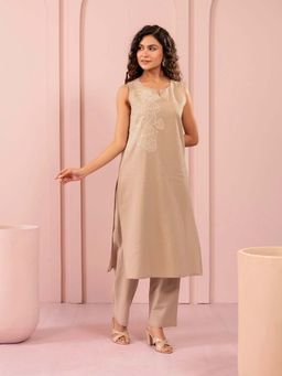 Autumnlane - Purna Tan Embroidery Cotton Kurta With Pant (Set of 2)