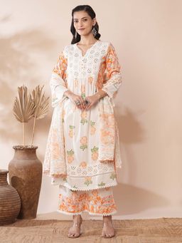 FASHOR - Ethnic Floral Printed A-Line Pleated Kurta With Pant & Dupatta - White (Set of 3)